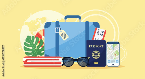 Photography A blue suitcase with travel items and a map on a phone