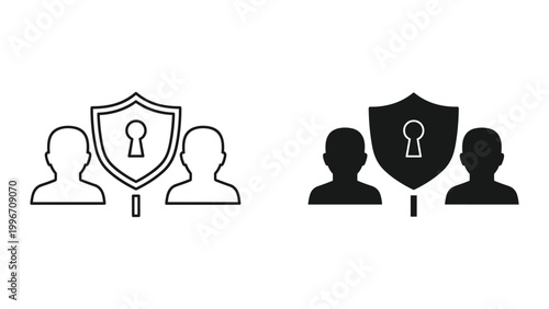 Vector icons of people protected by shield with keyhole on white background for security and privacy concepts