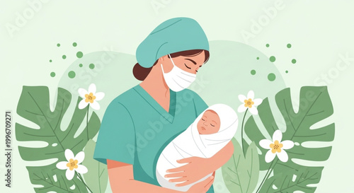 A caring healthcare professional in scrubs and mask gently cradles a newborn baby, embodying compassionate maternal care and the miracle of new life amidst natural greenery