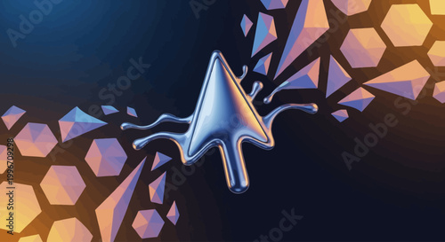 Dynamic metallic cursor breaking apart digital geometry, symbolizing data transformation and technological evolution in an abstract art composition