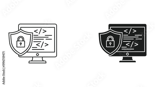 Vector illustration of computer screen with shield and padlock icon for cybersecurity and data protection