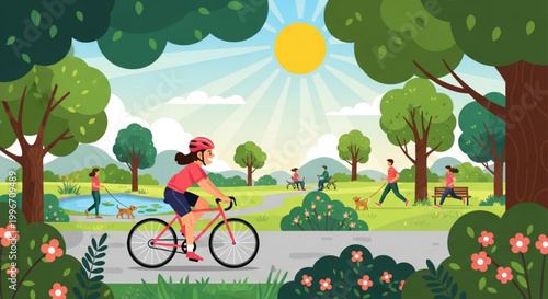 Woman cycling in a park on a sunny day with people walking and exercising in the background