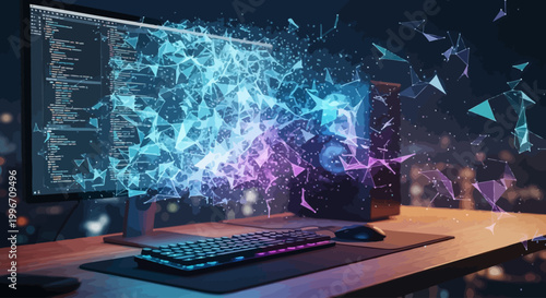 Digital transformation and data visualization concept with abstract geometric particles emanating from a computer monitor and keyboard