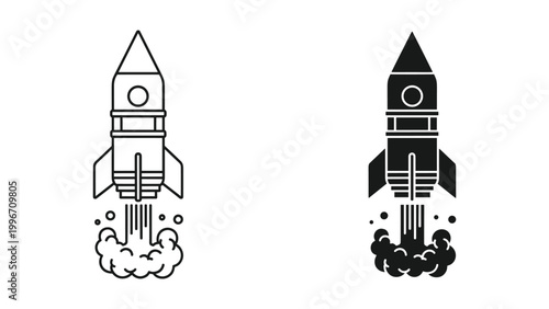 Two rocket ship icons in line art and solid black, isolated on white background, launching into space with smoke and flames
