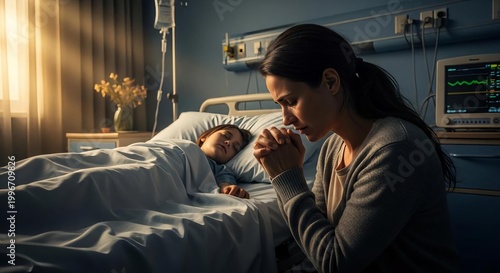 Emotional Mother Praying at Hospital Bedside of Sick Child