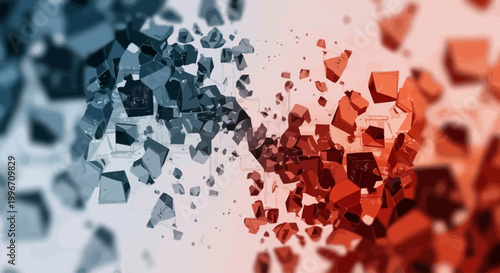 Abstract digital art depicting the fragmentation and reconstruction of geometric shapes in a striking red and blue color scheme