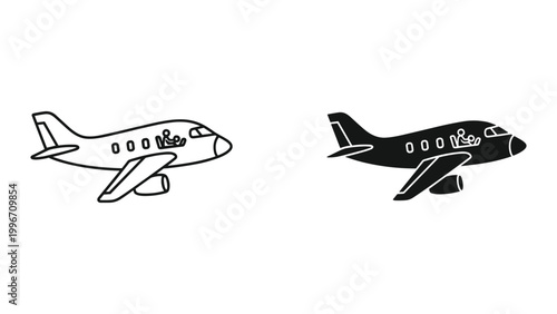 Vector illustration of airplane icons in black and white for travel or transportation concepts isolated on white background