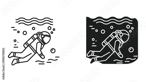 Vector illustration of scuba divers in two contrasting styles, one on white background and one on black background, both depicting underwater diving scenes