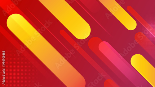 Vibrant red and yellow abstract background featuring dynamic diagonal rounded shapes and halftone patterns for modern digital designs