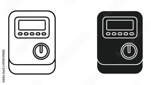 Vector illustration of black and white radio device icons with screen and dial