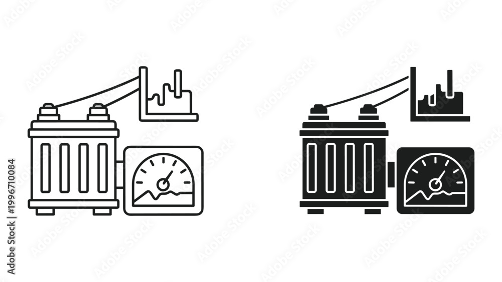 Fototapeta premium Black and white line icons of industrial battery with gauge and chart on white background