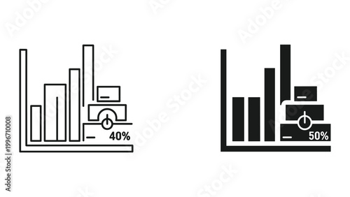 Vector icons of two bar graphs with loading progress indicators in black and white on a white background