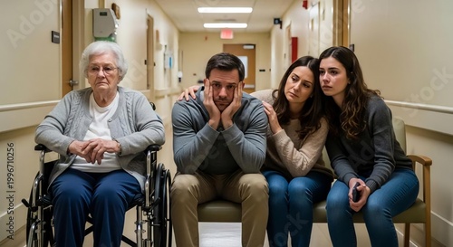Family Caring for Elderly Woman in Hospital Corridor Setting