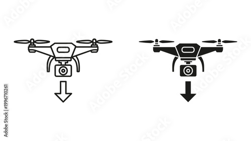 Two black and white drone icons with camera and downward arrow on white background
