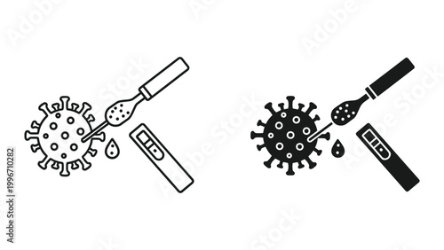 Black and white line and solid icon set of covid19 virus with dropper and rapid test