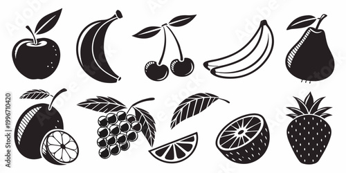 Fotografija Fresh healthy fruit icons set black and white collection with strawberry nutriti