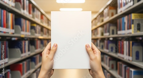 Hands holding blank book in library, education and knowledge concept.