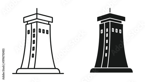 Two black and white control tower icons in line and solid styles isolated on white background