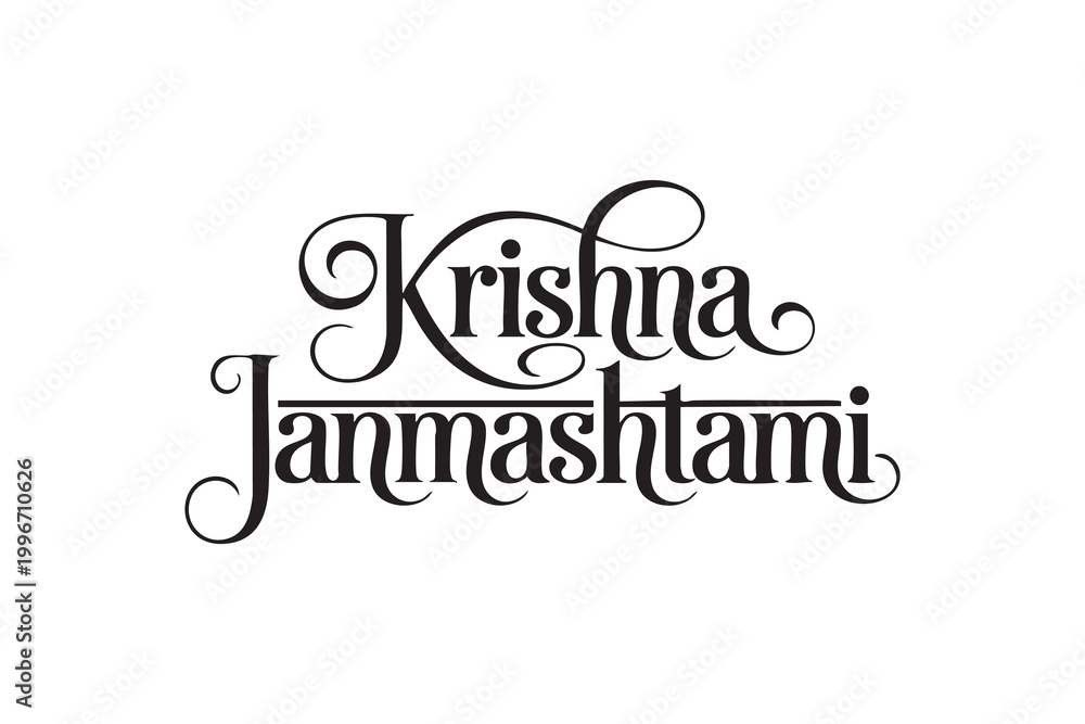 Fototapeta premium Krishna Janmashtami Typography Vector – Elegant Calligraphy Lettering with Peacock Feather for Hindu Festival Greeting