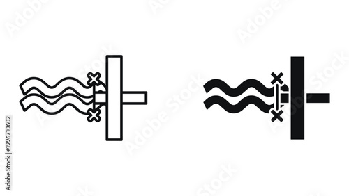 Vector line icons of two types of wave flow through a pipe with valve and stopper