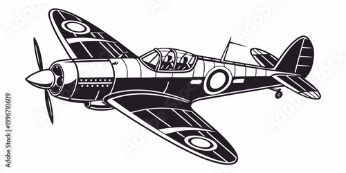 Bild auf Leinwand Black and white graphic of a vintage propeller military aircraft in flight side