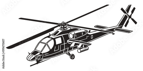 Foto Military attack helicopter graphic illustration in black and white with helicopt
