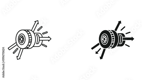 Black and white line art illustrations of hose nozzle with arrows indicating spray patterns on white background