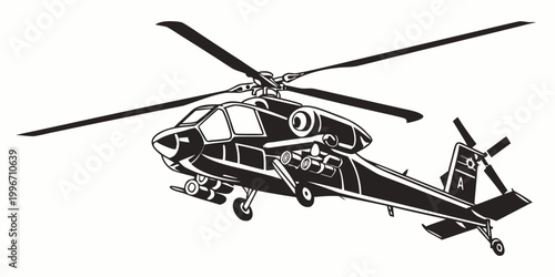 Valokuva Black and white graphic art of a combat helicopter in mid-air with helicopter mi
