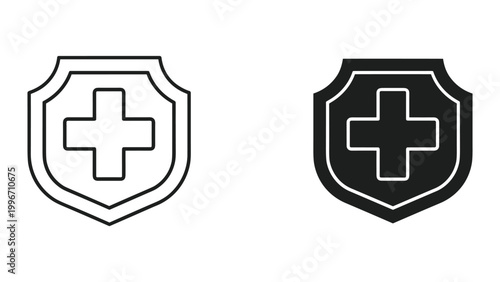 Medical shield icons with cross symbol in black and white for healthcare and protection concepts