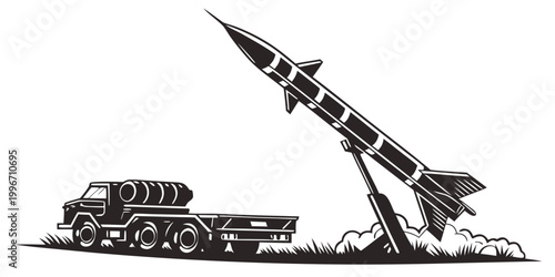 Obraz na plátne Black and white vector illustration of a mobile missile launch vehicle with laun