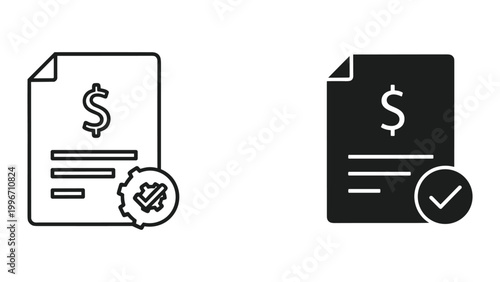 Two black and white icons of documents with dollar signs and checkmarks on a white background