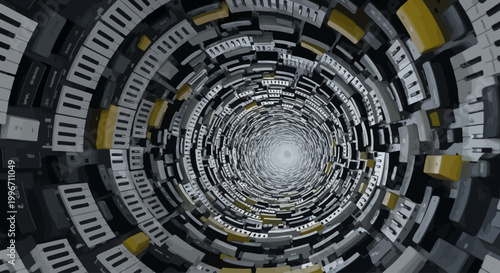 Futuristic Tunnel with Circular Patterns and Geometric Shapes Descending into Infinity