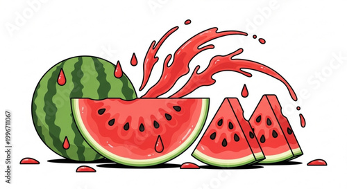 Juicy watermelon slices splashing with red juice on white background fresh and ripe fruit