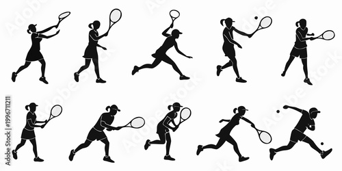 Quadro su tela Collection of ten tennis player silhouettes demonstrating various swing and hit