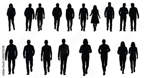 People walking in two rows on a plain background