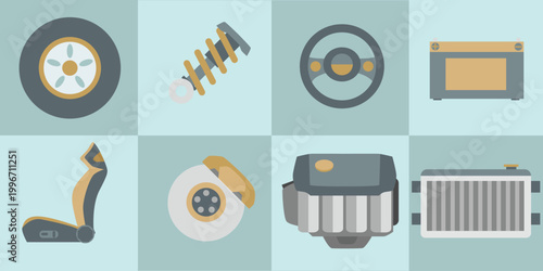Collection of car parts icons including wheel, suspension, steering, battery, seat, brake, engine, and radiator. Professional flat design for automotive industry and garage services. Separate layers.