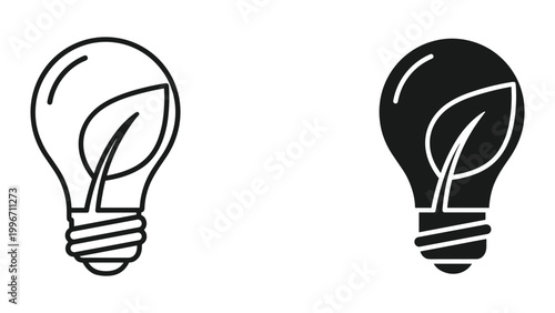 Eco friendly light bulb icons with leaf inside, symbolizing green energy and sustainable ideas, isolated on white background