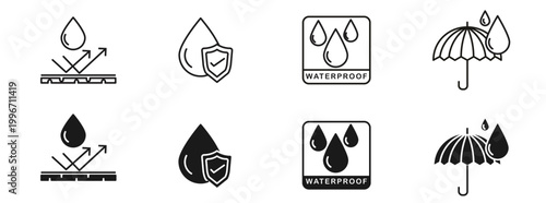 Waterproof Line and Flat Icon Set with Editable Stroke – Water Resistant Protection, Rainproof and Moisture Shield Icons Collection