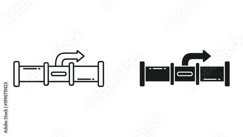 Black and white line icons of pipe with arrow pointing to the right on isolated white background