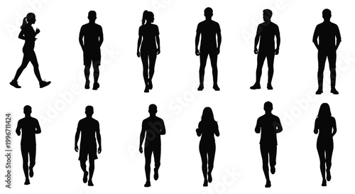 People walking and standing in various poses in an urban environment