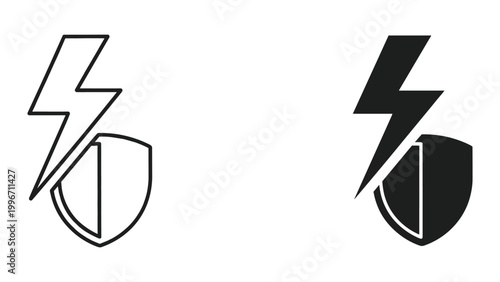 Black and white line icons depicting shield and lightning bolt combination for protection and energy concepts