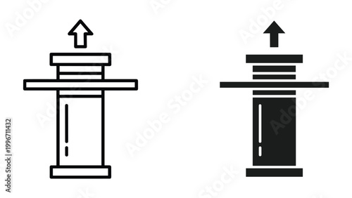 Black and white icons of pedestals with arrows on top for upward movement or growth