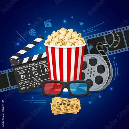 Cuadro en lienzo Retro Movie Theater Elements with Popcorn and Clapperboard
