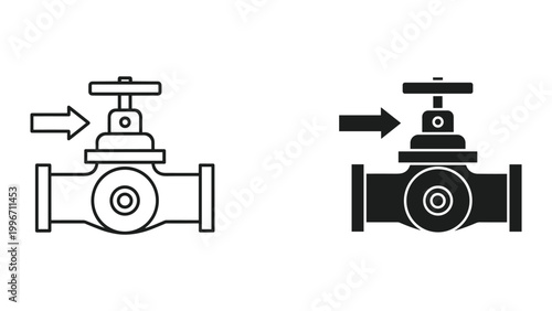 Black and white line drawing of two gate valves with arrows pointing to the right on a white background