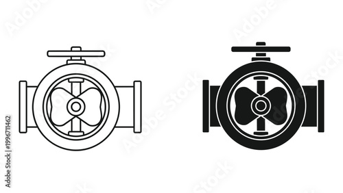 Two black and white icons of industrial pump or fan valves with different line styles on a white background