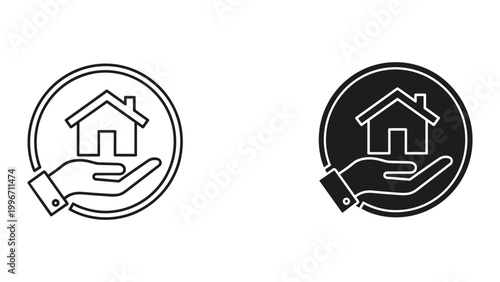 Vector icons of hands holding a house in a circle, symbolizing real estate or property protection
