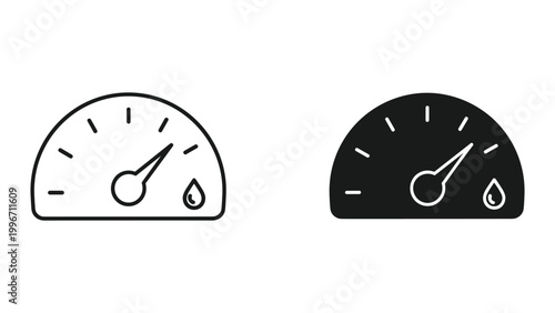Fuel gauge icons with needle and droplet symbol on white background