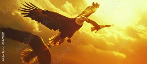 Experience the breathtaking power and grace of bald eagles soaring through a radiant golden sky.