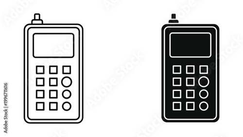 Two black and white line icons of a calculator with buttons and display screen isolated on white background