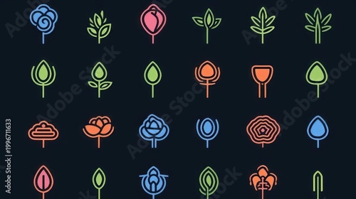 A vibrant collection of neon botanical icons glowing with modern elegance.